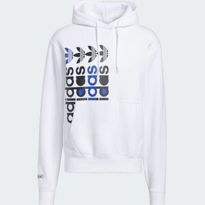 Adidas Unisex White Hoodie with Blue and Black Graphics Excellent Condition
